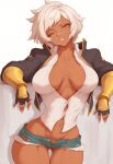 1girl big_breasts blazblue blonde_hair brown_eyes bubble_butt bullet_(blazblue) cleavage dark-skinned_female horny inviting_to_sex looking_at_viewer pose standing still_dope teasing thick_thighs
