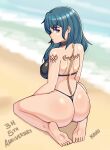 1girl alluring arm_tattoo ass back_tattoo beach big_breasts bikini blue_eyes byleth_(fire_emblem) byleth_(fire_emblem)_(female) caprednahu covered_nipples crest_(fe3h) feet fire_emblem fire_emblem:_three_houses intelligent_systems kneel large_ass looking_at_viewer looking_back medium_breasts nintendo ocean outside sitting_on_floor swimsuit sword sword_of_the_creator teal_hair