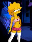 1girl 20th_century_studios aged_up alley black_eyes female_focus fox_corporation lisa_simpson miniskirt navel night night_sky prostitute prostitution revealing_clothes seductive seductive_look seductive_pose seductive_smile shirt small_breasts spiked_hair the_simpsons white_legwear yellow_skin younger_female