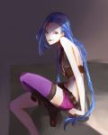 1girl :p aerlai_(artist) bandolier bangs bare_shoulders bikini_top blue_hair braid female flat_chest fringe hairline jinx_(league_of_legends) league_of_legends long_hair miniskirt purple_eyes purple_legwear rough single_thighhigh sitting sketch skirt solo thighhighs tongue tongue_out twin_braids