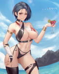 1girl 1girl 1girl alluring asymmetrical_hair azto_dio big_breasts bikini bikini_bottom_only black_hair blue_hair blue_sky cleavage cloud commentary cowboy_shot criss-cross_halter drink english_commentary female_only fire_emblem fire_emblem:_three_houses halterneck high_res holding holding_drink intelligent_systems multi-strapped_bikini navel nintendo ocean purple_eyes red_eyes rock shamir_nevrand short_hair side-tie_bikini single_thighhigh sky source_request stockings swimsuit thick_thighs thigh_strap underbust