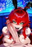 1boy1girl 1girl ai_generated bunny_ears bunnysuit curvy curvy_female curvy_figure exposed_breasts fellatio high_school_dxd licking_penis long_hair nude red_hair rias_gremory sex
