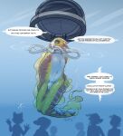 1boy 2019 anthro bondage bound bulge clothed clothing dialogue english_text gas_mask glistening group high_res male male_focus mammal mask original peskybatfish rubber solo_focus text underwater water