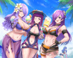 4girls alluring alternate_costume armlet ass beach between_breasts big_breasts bikini black_bikini blue_bikini blue_hair blue_one-piece_bikini blue_sky burnt_green_tea camilla_(fire_emblem) camilla_(tropical_beauty)_(fire_emblem) cleavage cloud cocktail_glass color_connection commentary cup drinking_glass english_commentary female_focus female_shez_(fire_emblem) female_shez_(summer)_(fire_emblem) fire_emblem fire_emblem:_three_houses fire_emblem_awakening fire_emblem_cipher fire_emblem_engage fire_emblem_fates fire_emblem_heroes fire_emblem_warriors:_three_hopes flower hair_color_connection hair_flower hair_ornament hair_over_one_eye hand_on_own_hip hat holding holding_cup in-franchise_crossover innertube intelligent_systems ivy_(fire_emblem) ivy_(summer)_(fire_emblem) jewelry long_hair looking_at_viewer lucina lucina_(cipher_swimsuit)_(fire_emblem) lucina_(fire_emblem) matching_hair/eyes mug multi-strapped_bikini_bottom multiple_girls nail_polish navel nintendo official_alternate_costume one-piece_bikini palm_tree purple_bikini purple_eyes purple_hair purple_theme root_beer_mug sarong see-through_clothes see-through_sarong shez_(fire_emblem) shez_(fire_emblem)_(female) sky smile swim_ring swimsuit toned trait_connection tree tropical_drink wet whistle whistle_around_neck