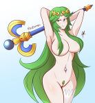 1girl 1girl 1girls alluring arms_behind_head big_breasts cleavage curvy eyebrows_visible_through_hair female_only female_pubic_hair gradient_background green_eyes green_hair hair_covering_breasts hands_behind_head kid_icarus laurel_crown light-skinned_female light_skin long_hair looking_at_viewer mischievous_grin nintendo nipples_covered nude nude palutena pubic_hair pussy pussy raydango staff stocking stockings very_long_hair