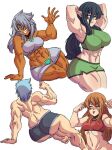 4girls ass breasts dark-skinned_female dark_skin huge_ass huge_breasts justonehumanjoh light-skinned_female light_skin looking_at_viewer multiple_girls muscular muscular_female one_eye_closed pose posing the_same_souls thick_thighs thighs tongue tongue_out yusuki_(the_same_souls)