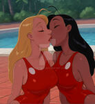 2_girls ahoge alternate_costume arm_at_side arm_behind_back bare_arms bare_shoulders big_breasts black_hair blonde_female blonde_hair breasts bush bushes closed_eyes collarbone couple covered_navel critadako dark-skinned_female dark_skin day disney duo female/female female_only interracial interracial_yuri jungle kissing lifeguard_(lilo_and_stitch) lilo_and_stitch lips lipstick long_hair love makeup medium_breasts multiple_girls mutual_yuri nani_pelekai nature neck one-piece_swimsuit outside palm_tree pool red_lipstick red_one-piece_swimsuit red_swimsuit romantic romantic_couple swimsuit tree water yuri