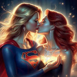 2_girls arm_at_side bare_arms bare_shoulders black_dress blonde_female blonde_hair blue_shirt breasts cape character_request closed_eyes collarbone couple dc_comics dcau dress duo earrings female/female female_only floating_hair hand_up heroine jewelry kara_zor-el kissing kryptonian lips lipstick long_hair long_sleeves love makeup medium_breasts multiple_girls mutual_yuri neck necklace red_cape red_hair red_lipstick romantic romantic_couple shirt skin_tight small_breasts straight_hair strapless strapless_dress supergirl supergirl_(series) superhero_costume superheroine superman_(series) thesupergirlfan thesupergirlfan_(artist) upper_body villainess yuri