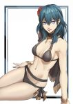 1girl 1girl 1girl alluring alternate_costume bikini black_bikini black_swimsuit blue_eyes byleth_(fire_emblem) byleth_(fire_emblem)_(female) byleth_(summer)_(fire_emblem)_(female) cape fire_emblem fire_emblem:_three_houses fire_emblem_heroes flower flower_in_hair hair_flower lipstick medium_hair nintendo sitting swimwear teal_hair white_skin x_xith_x