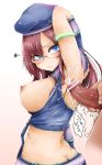 1girl armpit_sex bar_censor blue_eyes blush breasts brown_hair censor_bar censored cum female glasses haruyuki hat idolmaster idolmaster_cinderella_girls jewelry large_breasts long_hair midriff nipples pendant penis rimless_glasses simple_background solo white_background yagami_makino