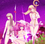 3girls alluring alternate_hair_color ass back between_breasts big_breasts bikini blonde_hair brown_hair drill_hair emmeryn_(fire_emblem) fire_emblem fire_emblem_awakening flower hair_flower hair_ornament harihisa high_res intelligent_systems lissa_(fire_emblem) long_hair long_legs mage_staff multiple_girls navel nintendo pink_hair polearm sarong siblings sisters small_breasts spear staff sumia_(fire_emblem) swimsuit twin_drills twin_tails under_boob weapon white_bikini white_sarong
