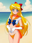 1girl accurate_art_style adult_swim alluring beach bishoujo_senshi_sailor_moon bishoujo_senshi_sailor_moon_r bishoujo_senshi_sailor_moon_r_the_movie bishoujo_senshi_sailor_moon_s bishoujo_senshi_sailor_moon_s_the_movie bishoujo_senshi_sailor_moon_supers bishoujo_senshi_sailor_moon_supers_the_movie blonde_hair blue_eyes cleavage medium_breasts minako_aino ocean pin_up sailor_bikini seriola toei_animation toonami viz_media