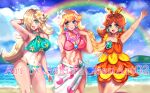 3_girls absurd_res alluring beach bikini blonde_hair blue_eyes brown_hair cloud earrings flower hair_flower hair_ornament high_res intelligent_systems jewelry lipgloss long_hair looking_at_viewer mario_(series) mario_kart_tour midriff multiple_girls nintendo pink_lips princess princess_daisy princess_peach rainbow rosalina sakurachanart02 sarong super_mario_bros. super_mario_odyssey swimsuit