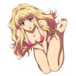  1girl bare_shoulders barefoot bikini blonde_hair blue_eyes breasts cleavage feet female hairu long_hair long_legs macross macross_frontier parted_lips sheryl_nome shiny shiny_skin side-tie_bikini simple_background smile solo swimsuit white_background 