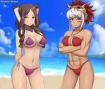 1girl 2_girls abs alluring animal_ears arms_behind_back arms_crossed arms_crossed_under_breasts athletic_female beach bikini brown_eyes brown_hair brown_skin female_abs fire_emblem fire_emblem_awakening fire_emblem_fates fit_female horns intelligent_systems long_hair mask multiple_females multiple_girls navel nintendo outside panne_(fire_emblem) patdarux patdarux_dream red_eyes rinkah_(fire_emblem) short_hair swimsuit white_hair white_skin