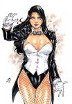 1girl arm_at_side big_breasts black_hair black_jacket blue_eyes bow bowtie breasts cleavage closed_mouth corset dc_comics dcau detached_collar female_only female_solo fishnet_legwear fishnet_pantyhose fishnets grey_bow grey_bowtie half-closed_eyes hand_up heroine jacket juniormaia100 juniormaia100_(artist) justice_league justice_league_unlimited legs legs_together legwear lips lipstick long_hair long_sleeves looking_at_viewer magician makeup naughty_face neck no_hat open_clothes open_jacket pantyhose purple_lipstick smile standing straight_hair strapless superhero_costume superheroine thighs white_background white_corset zatanna zatanna_zatara