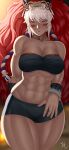 1girl abs alluring alternate_costume arcedo athletic_female big_breasts bra cleavage dark-skinned_female dark_skin face_markings fangs female_abs female_only fire_emblem fire_emblem_fates fire_emblem_heroes fit_female fur intelligent_systems looking_at_viewer mask_on_head midriff nintendo official_alternate_costume red_eyes rinkah_(fire_emblem) short_hair shorts signature thick thick_thighs tight_clothes tomboy white_hair wide_hips