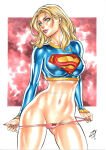 1girl arm_at_side arm_behind_back bangs bare_legs blonde_female blonde_hair blue_eyes blue_shirt breasts closed_mouth dc_comics dcau female_only female_solo head_tilt heroine juniormaia100 juniormaia100_(artist) kara_zor-el kryptonian legs lips lipstick long_hair long_sleeves looking_to_the_side makeup medium_breasts mound_of_venus nail_polish naughty_face navel neck panties panties_down panty_pull parted_bangs pink_lipstick pink_panties pink_underwear red_nails shaved_pussy shirt skin_tight smile spread_legs standing straight_hair supergirl supergirl_(series) superhero_costume superheroine superman_(series) thighs underwear