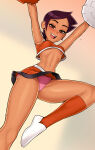 1girl 1girls breasts brown_hair cameltoe casual cheerleader cheerleader_uniform clothing dark_skin disney disney_channel eye_contact female_focus female_only footwear human latina leg_lift legwear loodncrood looking_at_viewer luz_noceda panties pink_panties pussy short_hair skirt sportswear straight_hair the_owl_house upskirt white_background