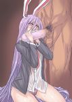 1girl animal_ears bad_id blazer bunny_ears censored condom condom_on_penis dress_shirt female handjob huge_penis itagayui large_penis long_hair nervous no_pants penis penis_awe precum purple_eyes purple_hair reisen_udongein_inaba shirt solo testicles touhou two-handed_handjob underwear underwear_only very_long_hair warainaku wet wet_clothes