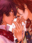 2boys artist_request black_hair brown_hair couple duo eye_contact forehead-to-forehead green_eyes gundam gundam_00 half-closed_eyes lockon_stratos looking_at_another love male/male male_only multiple_boys neil_dylandy parted_lips red_eyes romantic romantic_couple setsuna_f_seiei short_hair upper_body yaoi