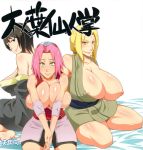 bakunyuu bbw breasts_out_of_clothes bukkake censor_bar comic covering_breasts cum cum_inside excessive_cum fellatio fucked_silly huge_breasts karakishi_youhei-dan konoha_saboten(naruto) naruto paizuri sakura_haruno sex shizune sunahara_wataru text threesome translated tsunade uncensored vaginal