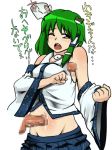  1girl armpit_sex bad_id bellybutton_sex blush brown_eyes censored cum cum_on_body cum_on_upper_body detached_sleeves female green_hair hyudora kochiya_sanae long_hair midriff navel navel_insertion navel_sex no_panties open_mouth penis rubbing skirt skirt_pull solo_focus touhou translation_request wince yellow_eyes 