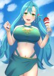 1girl alluring alternate_costume better_version_at_source big_breasts bikini blue_hair bow braid chloe_(fire_emblem) ear_piercing earrings female_only fire_emblem fire_emblem_engage green_bikini green_eyes green_swimsuit high_res ice_cream intelligent_systems long_hair looking_at_viewer mgnk33 nintendo open_mouth sky smile spoon swimsuit swimwear very_long_hair