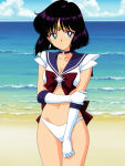 1girl accurate_art_style adult_swim alluring beach bishoujo_senshi_sailor_moon bishoujo_senshi_sailor_moon_s bishoujo_senshi_sailor_moon_supers black_hair cleavage hotaru_tomoe medium_breasts ocean pin_up purple_eyes sailor_bikini seriola toei_animation toonami viz_media
