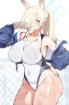 1girl absurd_res animal_ear_fluff animal_ears ass big_breasts blonde_hair blue_archive blue_eyes blue_halo blue_jacket bottle breasts clenched_teeth collarbone competition_swimsuit cowboy_shot dog_ears extra_ears groin halo high_res holding holding_bottle hyou_(2664286753) jacket kanna_(blue_archive) long_hair long_sleeves looking_at_viewer official_alternate_costume one-piece_swimsuit open_clothes open_jacket ponytail sharp_teeth swimsuit teeth water_bottle whistle whistle_around_neck white_one-piece_swimsuit