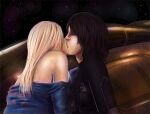 2_girls arm_at_side back bare_back bare_shoulders black_bodysuit blonde_female blonde_hair blue_bodysuit bodysuit closed_eyes couple crossover dark_brown_hair duo female/female female_only hair_down halo_(series) kissing long_hair love ma-rin ma-rin_(artist) master_chief metroid metroid_zero_mission multiple_girls mutual_yuri nicole_458 night night_sky nintendo off_shoulder romantic romantic_couple samus_aran ship short_hair sitting skin_tight sky star starry_sky straight_hair undressing yuri zero_suit zero_suit_samus