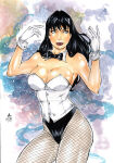 1girl bare_arms bare_shoulders big_breasts black_bow black_bowtie black_hair blue_eyes bow bowtie breasts cleavage closed_mouth corset dc_comics dcau detached_collar female_only female_solo fishnet_legwear fishnet_pantyhose fishnets grey_legwear grey_pantyhose hair_between_eyes hands_up heroine juniormaia100 juniormaia100_(artist) justice_league justice_league_unlimited legs legwear lips lipstick long_hair looking_at_viewer magician makeup neck no_hat pantyhose purple_lipstick smile standing straight_hair strapless superhero_costume superheroine thighs white_corset zatanna zatanna_zatara