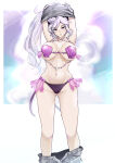 1girl alluring alternate_costume athletic_female bad_censor bare_legs big_breasts bikini censored commission corrin_(fire_emblem)_(cosplay) cosplay covered_nipples covering female_abs fire_emblem fire_emblem:_genealogy_of_the_holy_war fit_female intelligent_systems ishtar_(fire_emblem) long_hair looking_at_viewer nintendo pants_down ponytail purple_eyes purple_hair seashell seashell_bra shell_bikini solo_female undressing vialnite