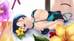 1girl alluring alternate_costume big_breasts black_bikini black_hair black_one-piece_bikini cait_aron cleavage closed_mouth cup drinking_glass drinking_straw female_only fire_emblem fire_emblem:_three_houses fire_emblem_heroes flower gloves hibiscus high_res knees_up lying nintendo official_alternate_costume on_back one-piece_bikini partially_fingerless_gloves purple_eyes purple_flower shamir_nevrand shamir_nevrand_(summer) short_hair smile suspenders swimsuit thigh_strap yellow_flower