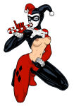 1girl asymmetrical_boots asymmetrical_footwear asymmetrical_gloves batman:_the_animated_series batman_(series) black_bodysuit black_boots black_footwear black_gloves black_lipstick black_mask blue_eyes bodysuit boots breasts breasts_apart breasts_out breasts_out_of_clothes breasts_outside calibos candy candy_cane clown_girl dc_comics dcau domino_mask eating female_masturbation female_only female_solo fingering fingering_pussy fingering_self food footwear full_body gloves half-closed_eyes hand_up harleen_quinzel harley_quinn harley_quinn_(classic) holding holding_candy holding_food jester_cap kneel lips lipstick looking_at_viewer makeup mask masturbation medium_breasts mouth_hold multicolored_bodysuit multicolored_clothes navel nipples one_eye_closed red_bodysuit red_boots red_footwear red_gloves saliva sexually_suggestive simple_background sucking supervillainess two-tone_bodysuit villainess white_background wink