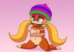 1girl 1girl absurd_res aqua_eyes ball_gag bdsm blonde_hair brown_fur completely_nude cub donkey_kong_(series) donkey_kong_64 earrings female_focus furry furry_female gag hat high_res jewelry kneel navel nintendo nipples nude pussy rareware rope shibari simple_background team_pervy tiny_kong twin_tails younger_female