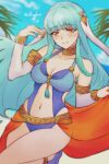1girl alluring alternate_costume bangs bare_midriff bare_thighs beach bikini blue_bikini blue_hair blue_swimsuit cleavage dancer dancing female_only fire_emblem fire_emblem:_the_blazing_blade higher_resolution_available intelligent_systems leg_lift long_hair looking_at_viewer medium_breasts midriff ninian_(fire_emblem) nintendo ocean outside red_eyes rotomdocs smile swimsuit thighs veil very_long_hair yellow_eyes
