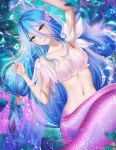 1girl 1girl alluring azura_(fire_emblem) blue_hair cleavage closed_mouth commentary english_commentary fins fire_emblem fire_emblem_fates fire_emblem_warriors gigamessy hair_between_eyes head_fins high_res intelligent_systems long_hair looking_at_viewer medium_breasts mermaid nintendo pink_scales pink_tail scales smile stomach very_long_hair yellow_eyes