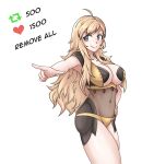 >:) 1girl aged_up ahoge alluring bare_thighs big_breasts blonde_hair cleavage english_text female_only fire_emblem fire_emblem_fates grey_eyes hayato_stuff intelligent_systems long_hair meme nintendo ophelia_(fire_emblem) panties pointing pose smile smug stripping text thick_thighs thighs twitter_strip_game under_boob underwear undressing very_long_hair white_background yellow_panties