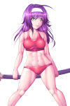 1girl abs alluring athletic_female blue_eyes female_abs female_focus fire_emblem fire_emblem:_path_of_radiance fit_female harihisa headband intelligent_systems katana long_hair mia_(fire_emblem) navel nintendo purple_hair sports_bra swimsuit sword toned weapon