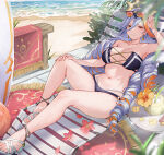 1girl 1girl alluring alternate_costume baldr_(fire_emblem_heroes) bare_legs beach_chair big_breasts bikini black_bikini cleavage coconut_cup commission earrings eyewear_on_head fire_emblem fire_emblem_heroes grey_hair haru_(nakajou-28) heterochromia intelligent_systems jewelry multicolored_hair nintendo sandals sunglasses swimsuit textless_version two-tone_hair