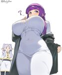 2_girls :3 =_= ? black_robe blunt_bangs blush breasts capelet covered_erect_nipples dress elf fern_(sousou_no_frieren) frieren high_res huge_breasts long_hair looking_at_viewer multiple_girls open_clothes open_robe pointy_ears purple_eyes purple_hair robe simple_background sintrybest sousou_no_frieren standing straight_hair twin_tails upward_angle_frieren_drawing_(meme) white_background white_capelet white_dress white_hair