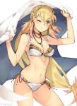 1girl 1girl 1girl alluring bare_arms bare_legs bare_midriff bikini blonde_hair blush cleavage disrobe fire_emblem fire_emblem_heroes gebyy-terar green_eyes intelligent_systems long_hair midriff nintendo sharena_(fire_emblem) simple_background smile swimsuit thighs wink