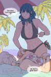 2girls abs alluring alternate_costume athletic_female beach big_breasts bikini black_bikini blue_eyes blush byleth_(fire_emblem) byleth_(fire_emblem)_(female) byleth_(summer)_(fire_emblem)_(female) cleavage double_bun edelgard_von_hresvelg english_text female_abs fire_emblem fire_emblem:_three_houses fire_emblem_heroes fit_female flat_color green_hair hair_bun hair_ornament high_res intelligent_systems lesbian_couple long_hair looking_at_viewer lotion medium_hair multiple_girls navel nintendo official_alternate_costume radiostarkiller smile sunscreen swimsuit teal_hair towel wife_and_wife yuri