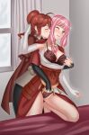 2_girls alluring anna_(fire_emblem) big_breasts black_sleeves blunt_bangs blush bra capelet cleavage closed_eyes commentary_request elbow_gloves fingering fingerless_gloves fire_emblem fire_emblem_fates floral_print gloves hair_tubes high_res intelligent_systems japanese_clothes kissing kissing_neck long_hair low_twintails mitama_(fire_emblem) mixed-language_commentary multiple_girls nintendo one_eye_closed open_clothes open_mouth paid_reward_available panties pink_hair ponytail red_bra red_capelet red_hair red_panties rose_print star-shaped_pupils star_(symbol) symbol-shaped_pupils twin_tails underwear undressing_another vodka13 white_gloves yuri