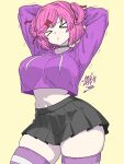 1girl big_breasts crop_top cute cute_expression doki_doki_literature_club drawlab33t hair_ornament hair_ribbon hoodie midriff natsuki_(doki_doki_literature_club) pink_hair skirt stockings thighs