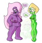 2024 2_girls amethyst_(steven_universe) breast_comparison crying dialogue dialogue_bubble full_body gem gem_(species) gem_on_forehead grin hair_over_one_eye huge_breasts navel onixsea peridot_(steven_universe) pussy sketch standing steven_universe sweat teeth text triangle-shaped_areolae white_background