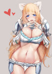 1girl :d absurd_res alluring armor bangs bare_midriff bare_thighs belt big_breasts bikini_armor blonde_hair blue_eyes charlotte_(fire_emblem) cleavage fingers_together fire_emblem fire_emblem_fates grey_background hand_on_own_chest happy heart high_res inner_thighs intelligent_sydtems intelligent_systems kokihanada long_hair looking_at_viewer midriff navel nintendo open_mouth panties smile thighs underwear upper_body very_long_hair white_panties
