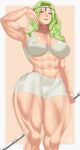 1girl abs adjusting_hair alluring arcedo athletic_female bare_legs bare_midriff beauty_mark big_breasts braid braided_ponytail covered_nipples curvy female_abs female_only fire_emblem fire_emblem_heroes fit_female from_below green_hair green_pupils grey_eyes hair_over_shoulder intelligent_systems looking_at_viewer looking_down midriff mole nintendo nott_(fire_emblem) open_mouth ponytail shorts smile tank_top thick_thighs voluptuous weapon
