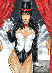 1girl arm_at_side big_breasts black_hair black_hat black_headwear black_jacket blue_eyes bow bowtie breasts cleavage closed_mouth collarbone corset curtains dc_comics dcau detached_collar female_only female_solo fishnet_legwear fishnet_pantyhose fishnets hand_up hat headwear heroine jacket juniormaia100 juniormaia100_(artist) justice_league justice_league_unlimited legs legwear lips lipstick long_hair looking_at_viewer magician makeup naughty_face neck pantyhose purple_lipstick red_bow red_bowtie smile standing straight_hair strapless superhero_costume superheroine thighs top_hat white_corset zatanna zatanna_zatara